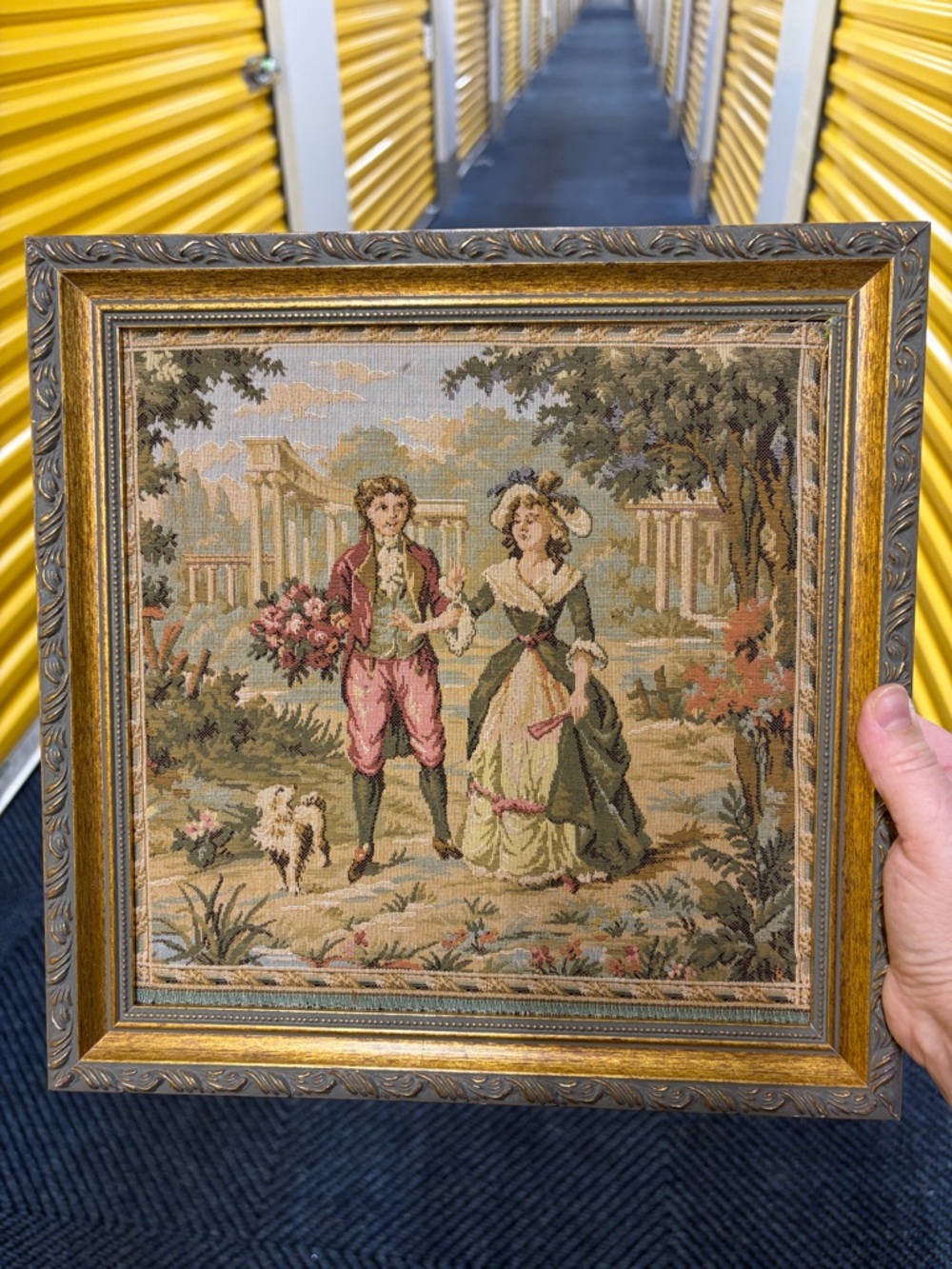 Framed Vintage Tapestry Panel Rococo style- Romantic Couple Scene, Gold Frame